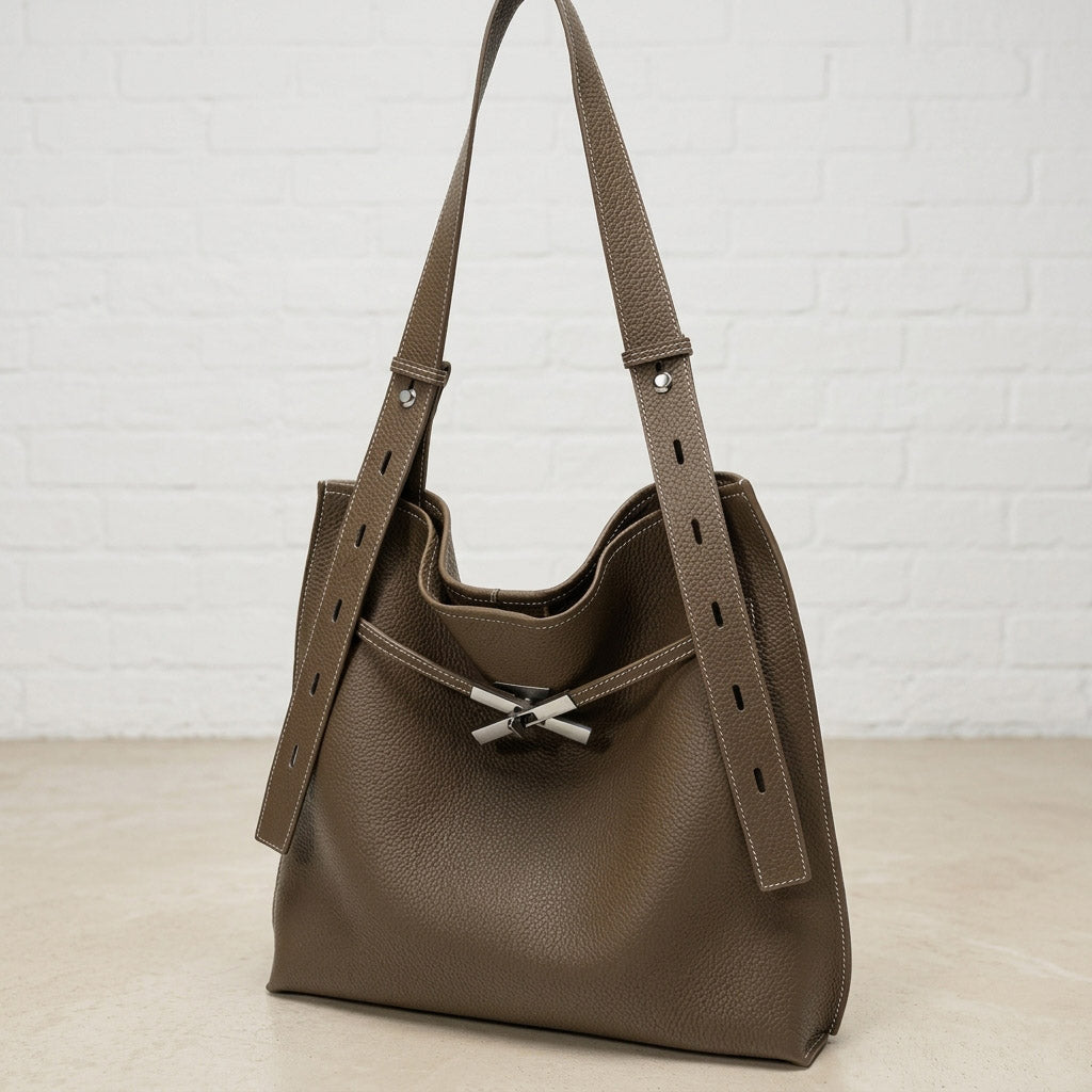 Pebbled Leather Tote Bag with Twist-Lock Clasp