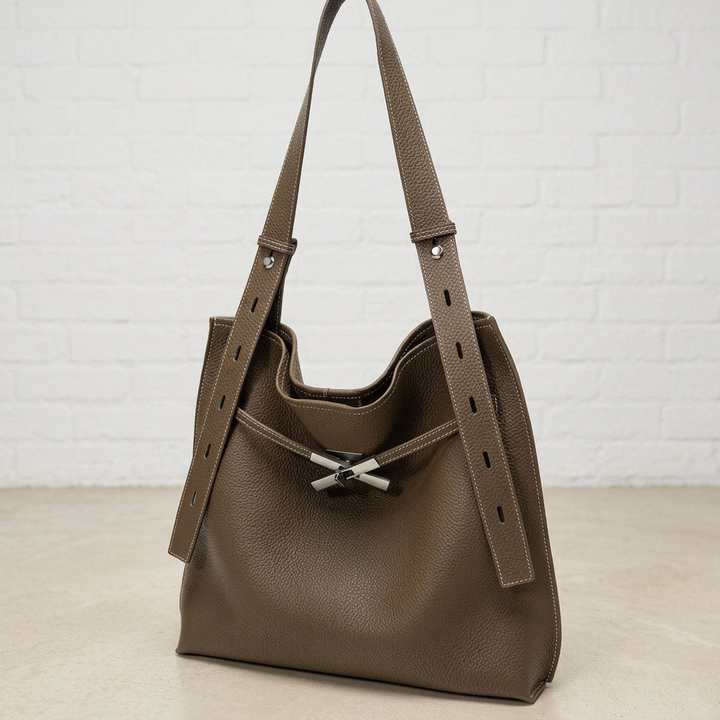 Pebbled Leather Tote Bag with Twist-Lock Clasp