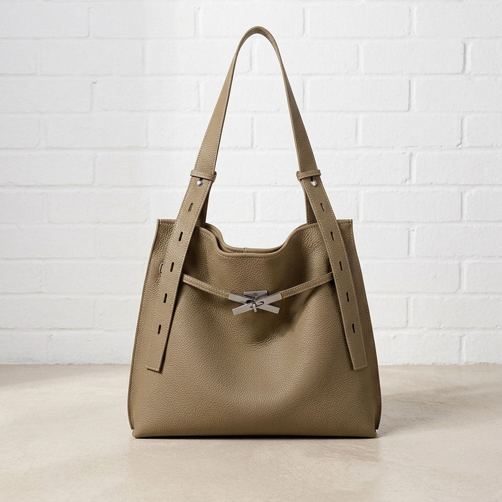 Pebbled Leather Tote Bag with Twist-Lock Clasp