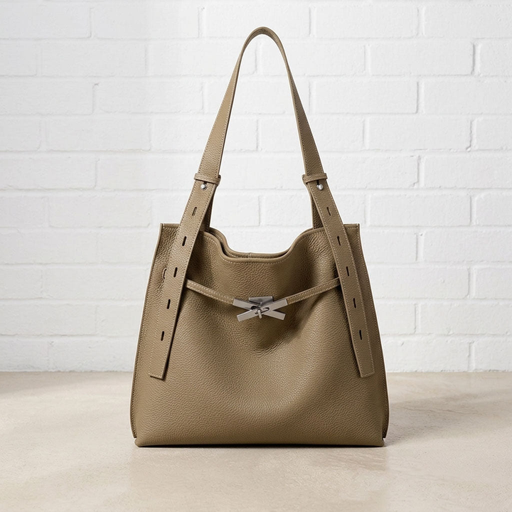 Pebbled Leather Tote Bag with Twist-Lock Clasp