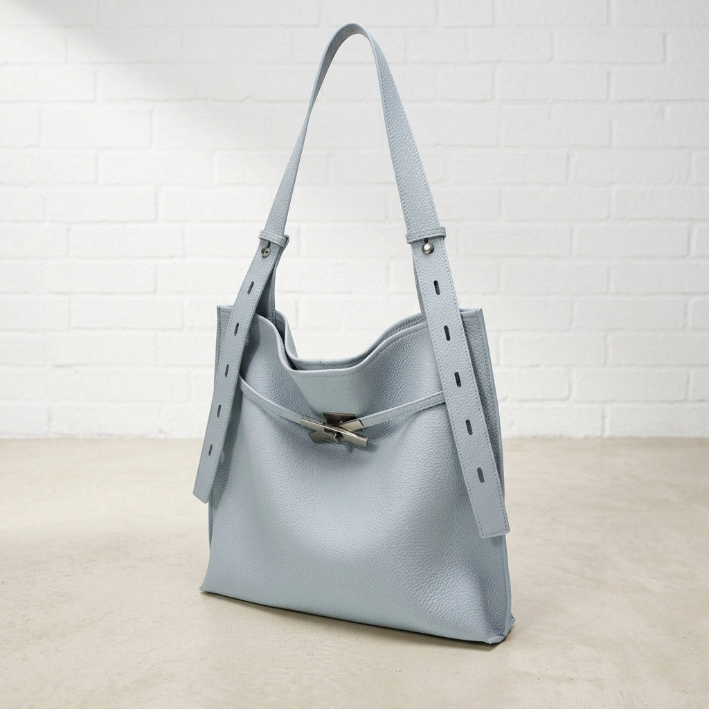 Pebbled Leather Tote Bag with Twist-Lock Clasp