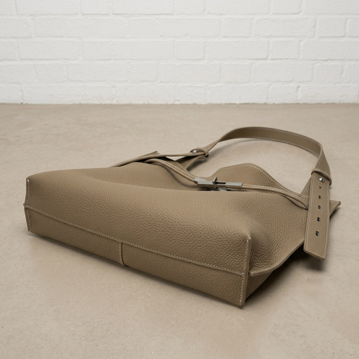 Pebbled Leather Tote Bag with Twist-Lock Clasp