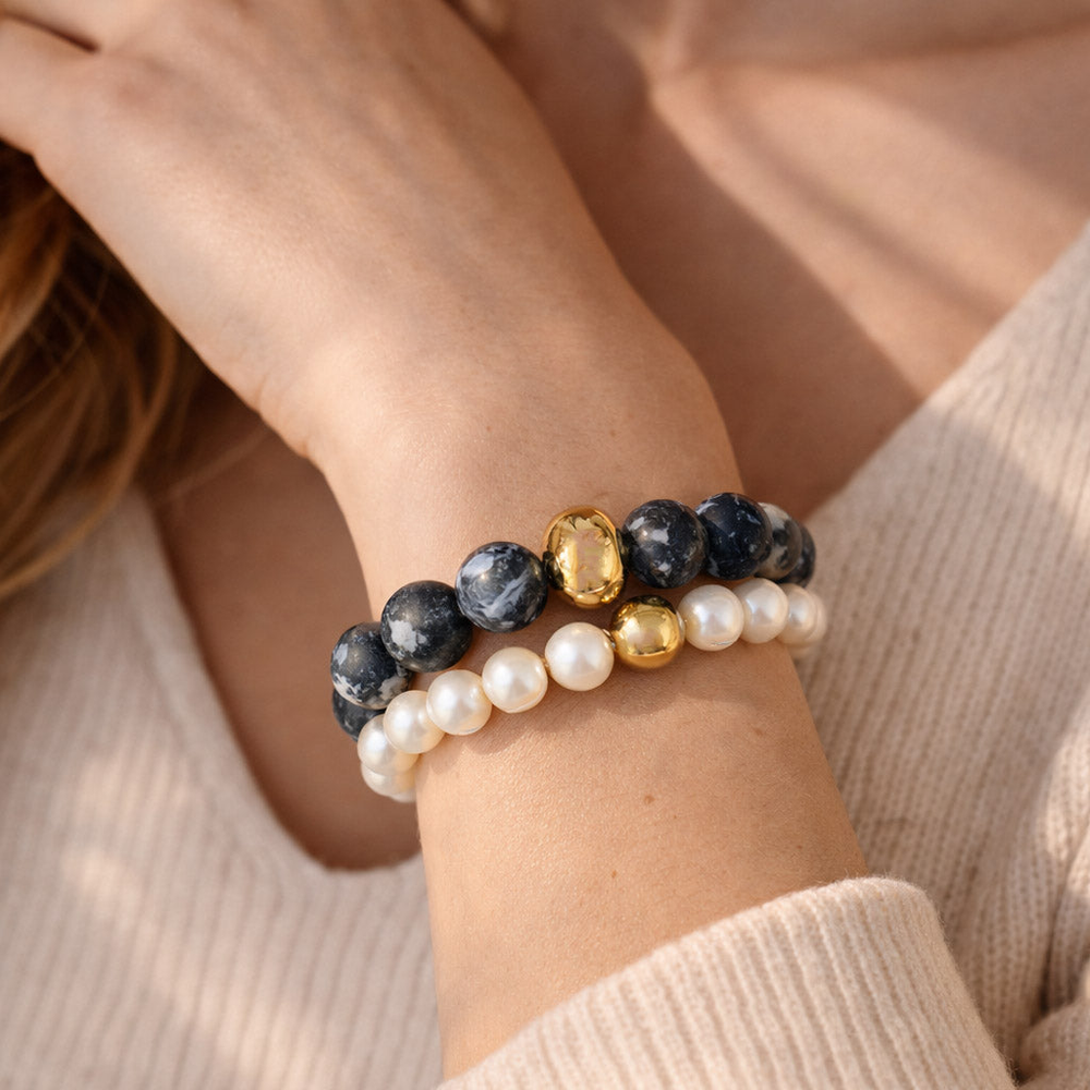 Picasso Jasper & Pearl Bracelet | Gold Stainless Accent Beads