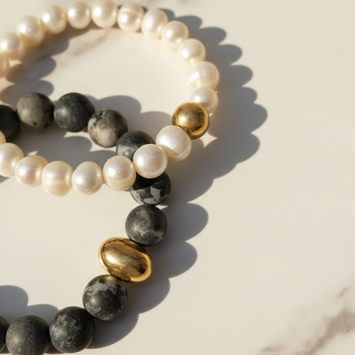 Picasso Jasper &amp; Pearl Bracelet | Gold Stainless Accent Beads