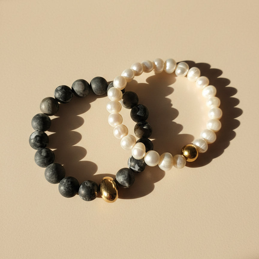 Picasso Jasper &amp; Pearl Bracelet | Gold Stainless Accent Beads
