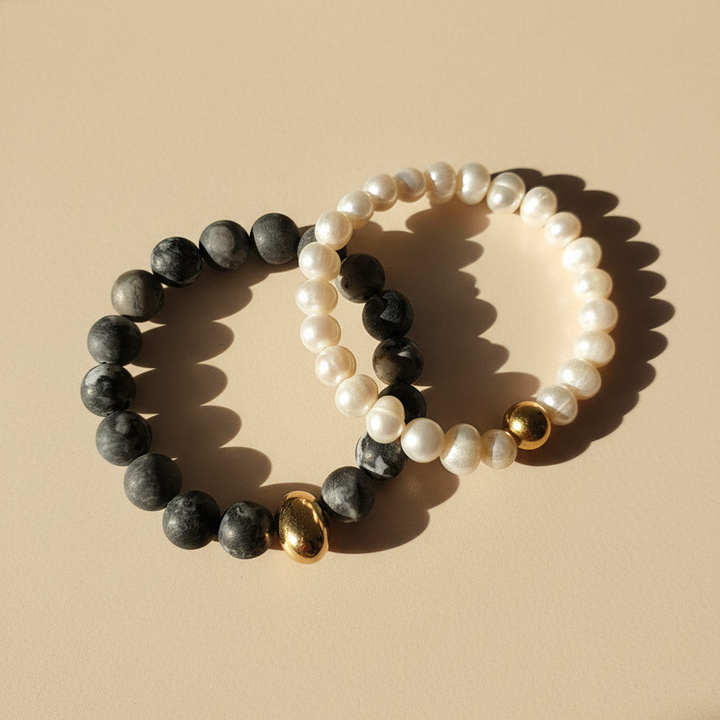 Picasso Jasper &amp; Pearl Bracelet | Gold Stainless Accent Beads
