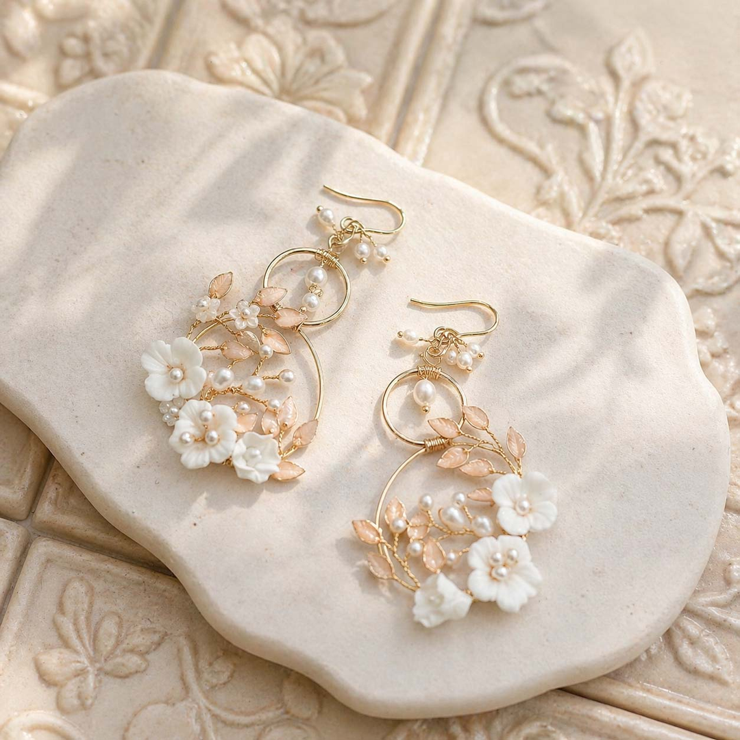Porcelain Floral Hoop Drop Earrings