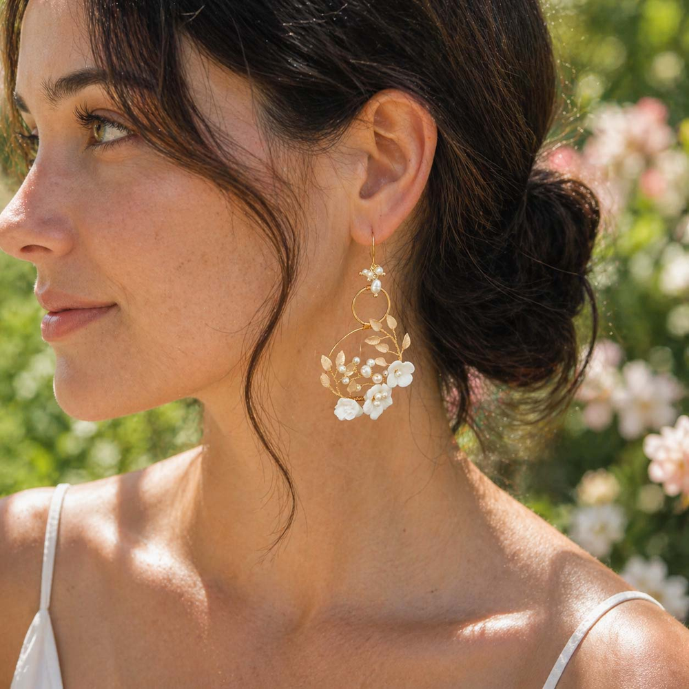 Porcelain Floral Hoop Drop Earrings