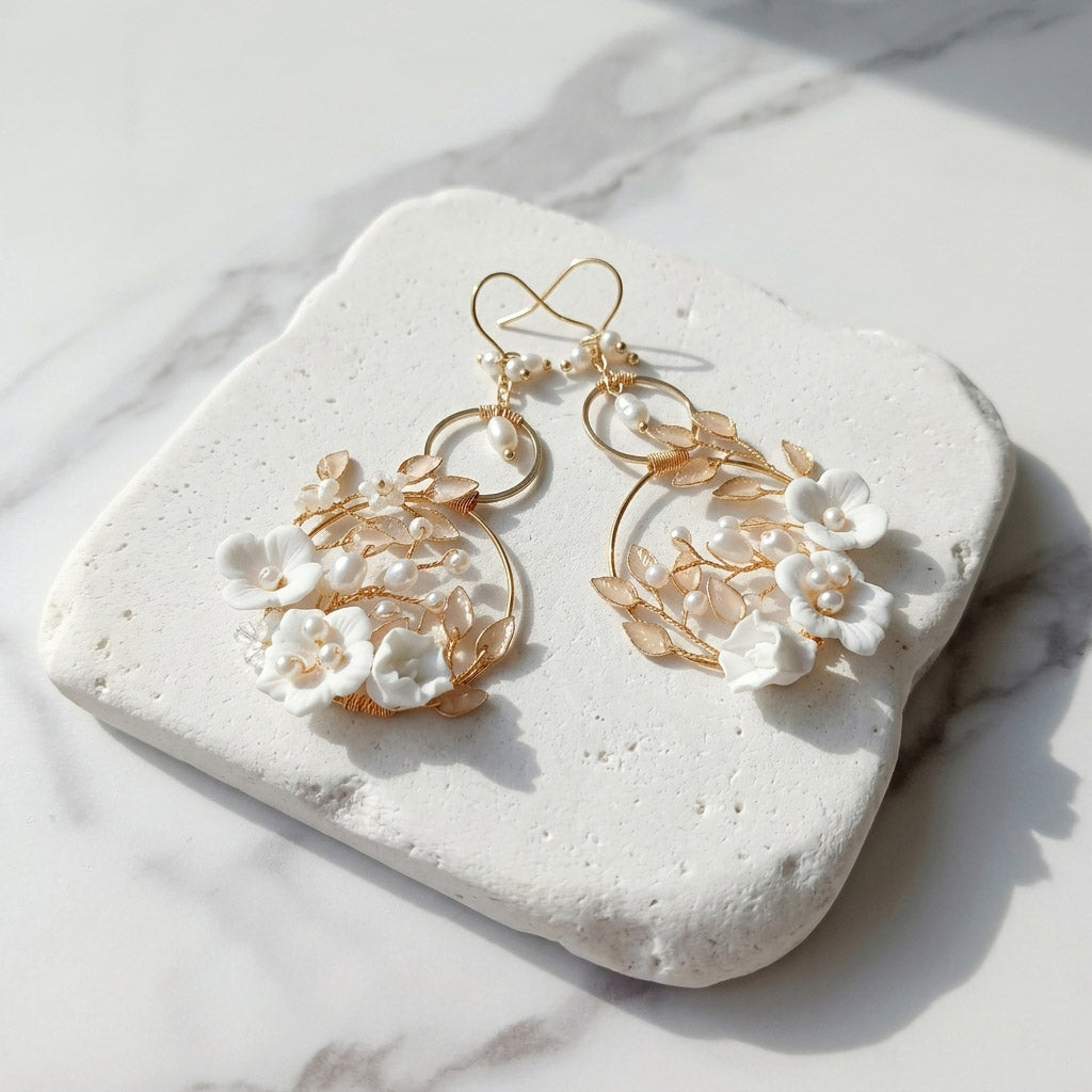 Porcelain Floral Hoop Drop Earrings
