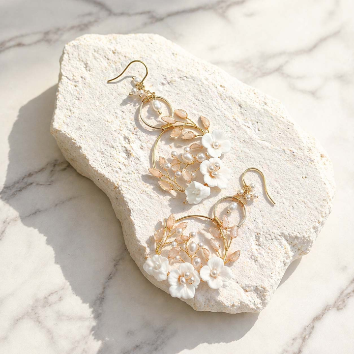 Porcelain Floral Hoop Drop Earrings