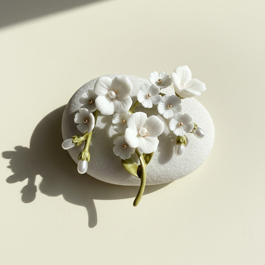 Porcelain Flower Brooch with Enamel Leaves & Freshwater Pearls
