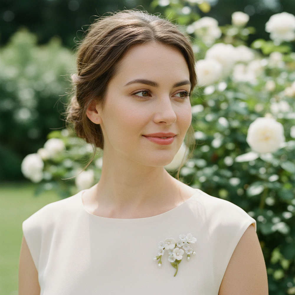Porcelain Flower Brooch with Enamel Leaves & Freshwater Pearls