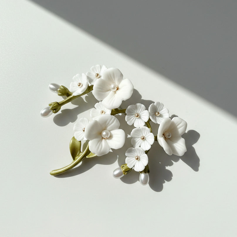 Porcelain Flower Brooch with Enamel Leaves &amp; Freshwater Pearls