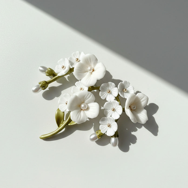Porcelain Flower Brooch with Enamel Leaves &amp; Freshwater Pearls
