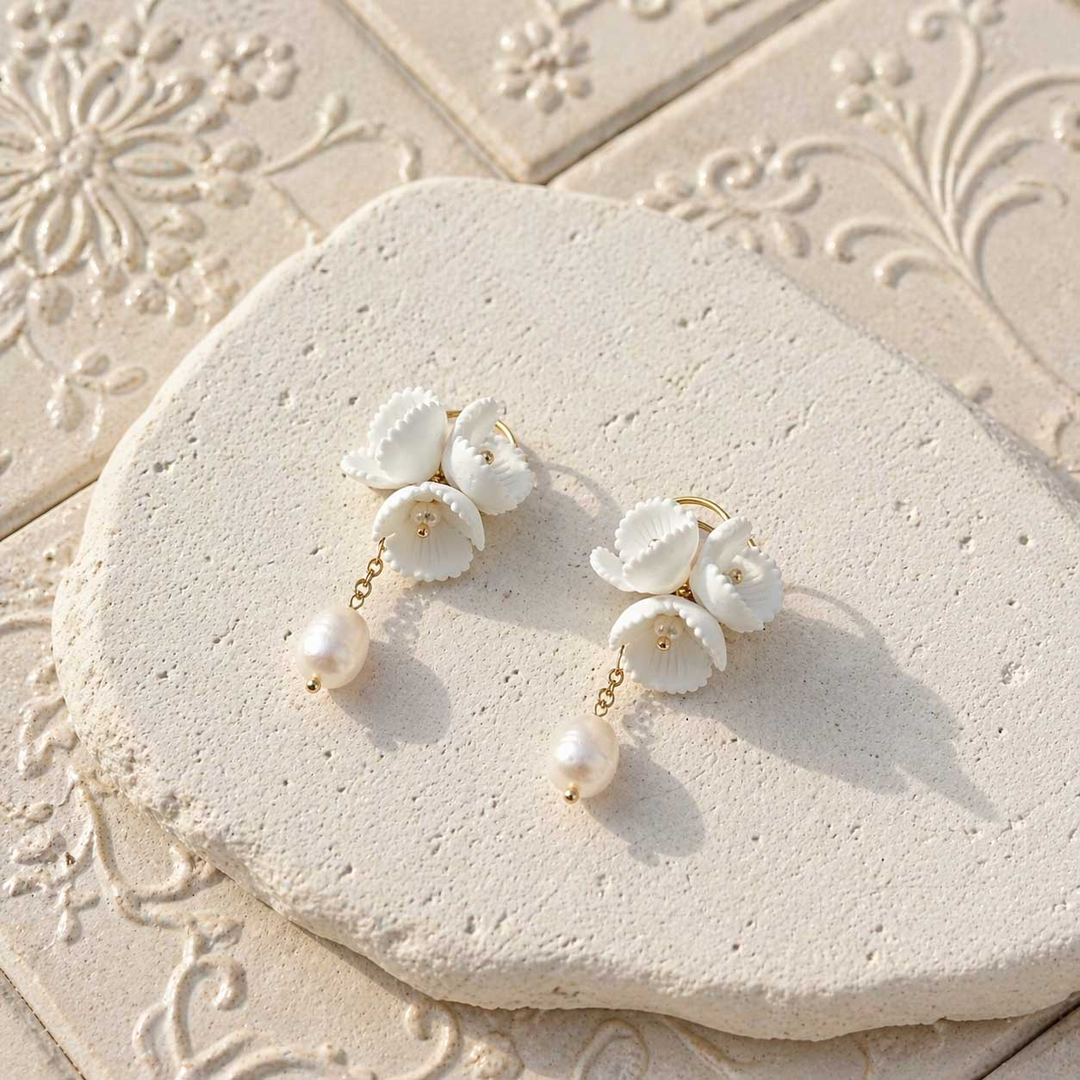 Porcelain Flower Pearl Drop Earrings