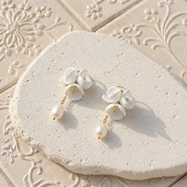 Porcelain Flower Pearl Drop Earrings