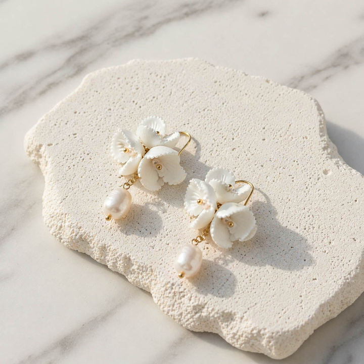 Porcelain Flower Pearl Drop Earrings