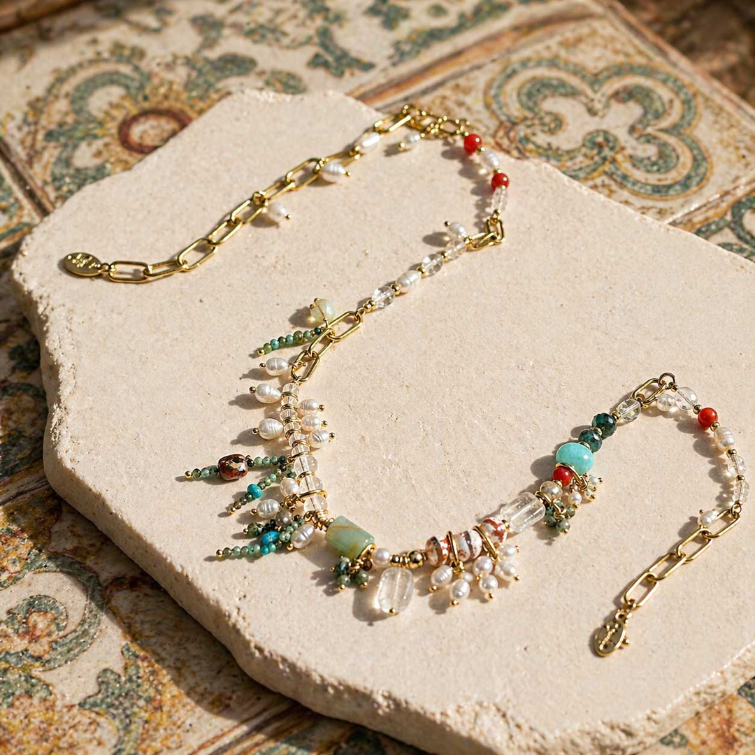 Quartz, Turquoise & Pearl Cluster Necklace