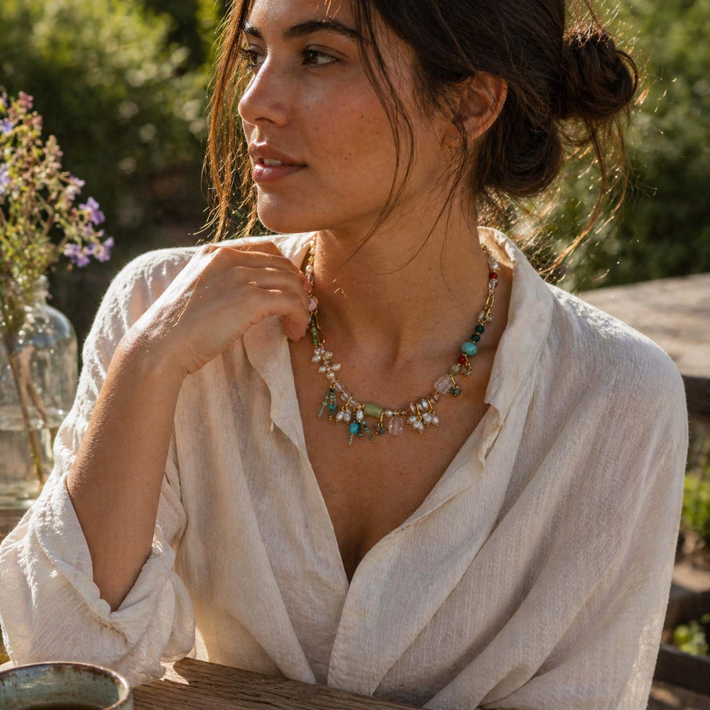 Quartz, Turquoise & Pearl Cluster Necklace