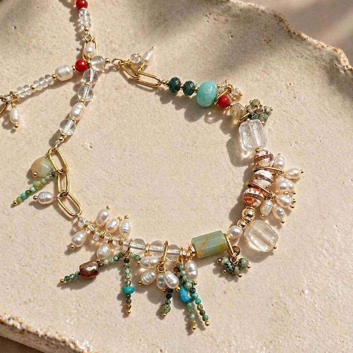 Quartz, Turquoise &amp; Pearl Cluster Necklace