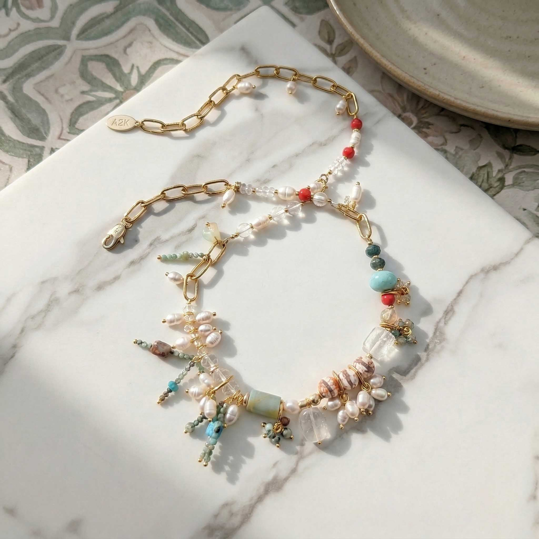 Quartz, Turquoise &amp; Pearl Cluster Necklace