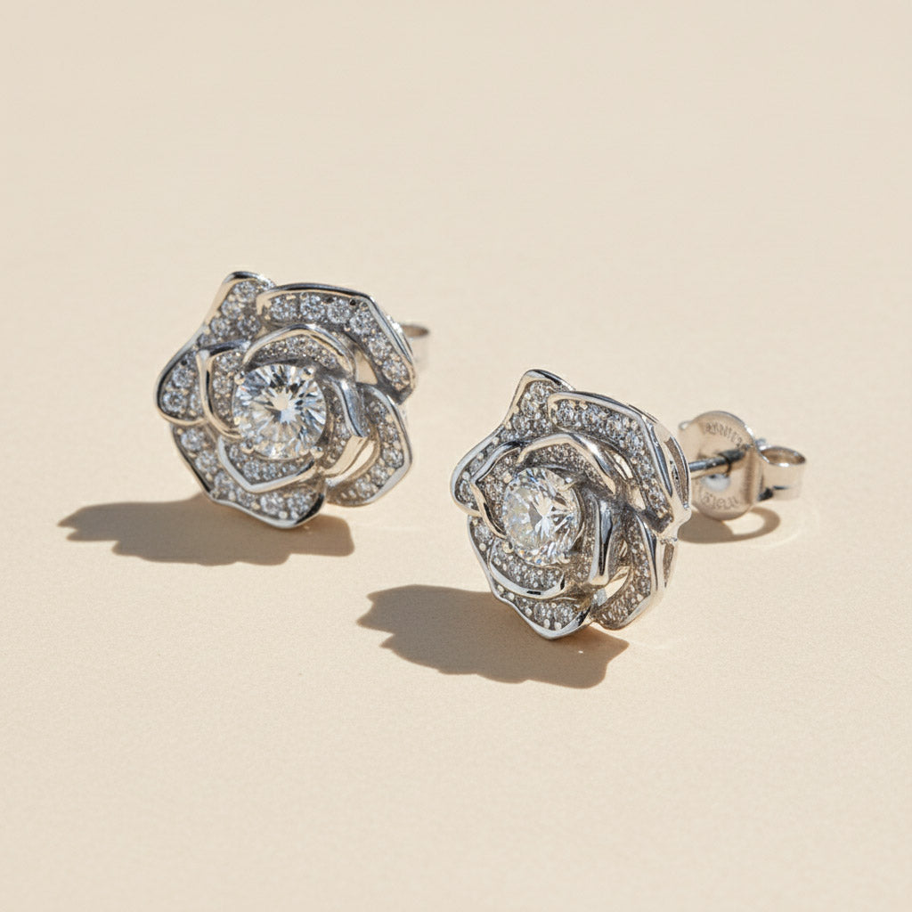 Rose Bloom Moissanite Stud Earrings in Platinum Plated Sterling Silver
