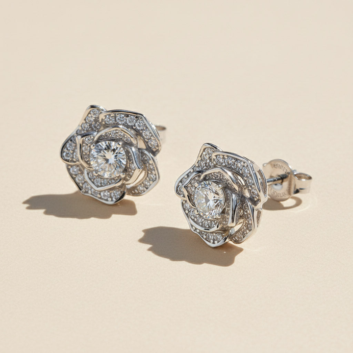 Rose Bloom Moissanite Stud Earrings in Platinum Plated Sterling Silver