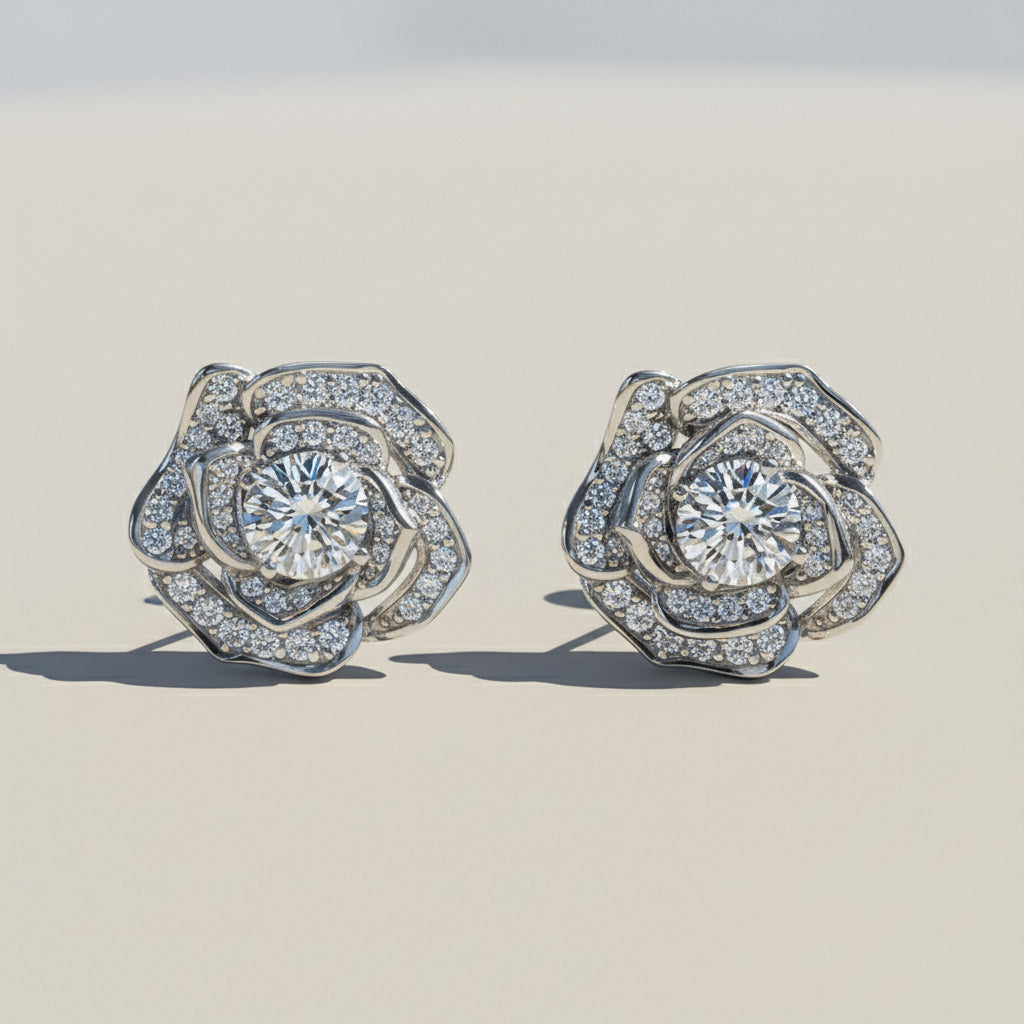 Rose Bloom Moissanite Stud Earrings in Platinum Plated Sterling Silver