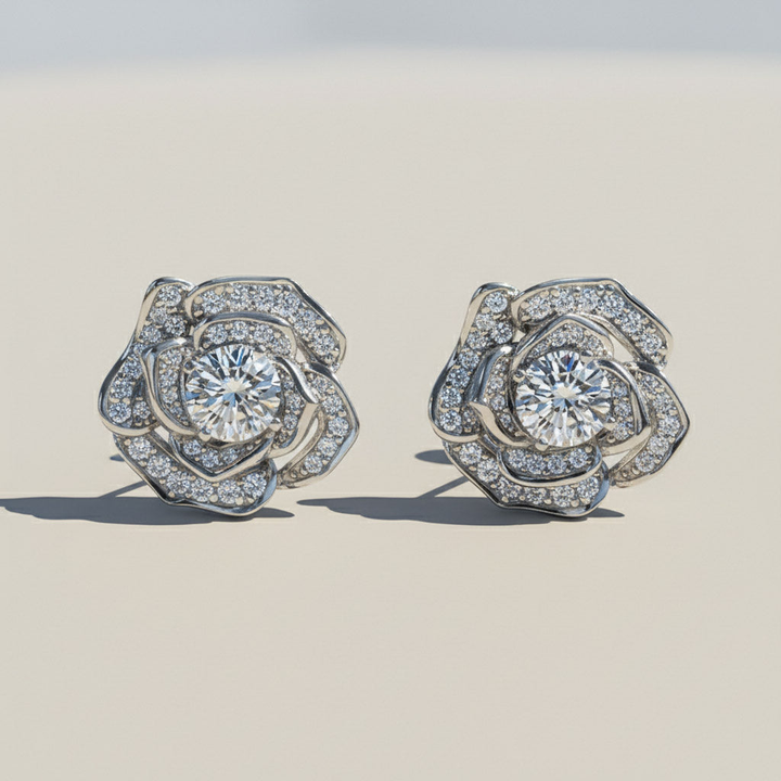 Rose Bloom Moissanite Stud Earrings in Platinum Plated Sterling Silver