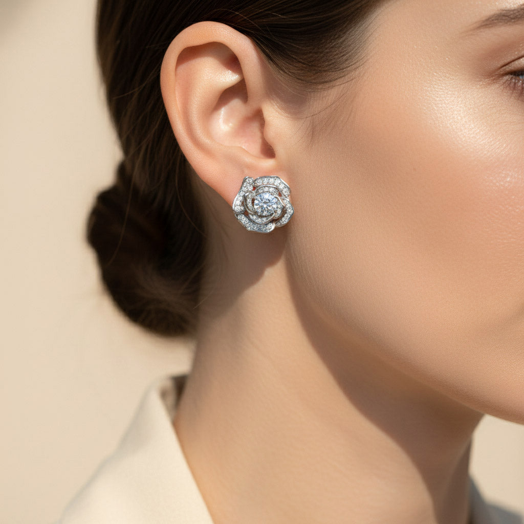 Rose Bloom Moissanite Stud Earrings in Platinum Plated Sterling Silver