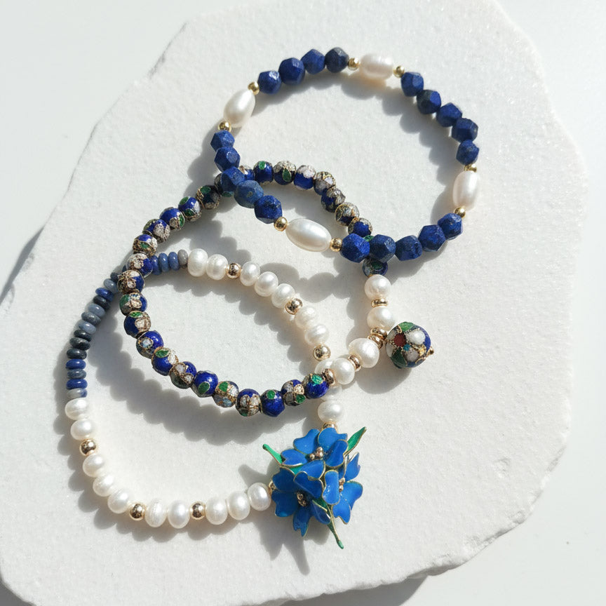 Handcrafted Floral, Cloisonné, Sodalite & Lapis Beaded Bracelet Set (3pcs)