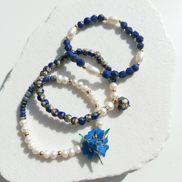 Handcrafted Floral, Cloisonné, Sodalite &amp; Lapis Beaded Bracelet Set (3pcs)
