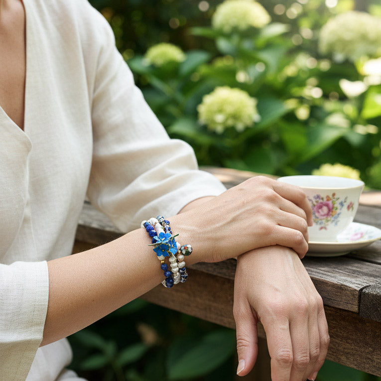 Handcrafted Floral, Cloisonné, Sodalite & Lapis Beaded Bracelet Set (3pcs)