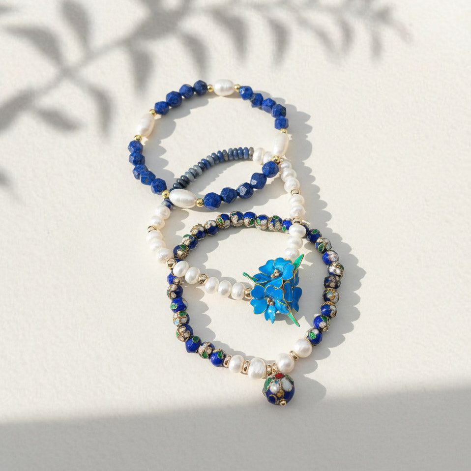 Handcrafted Floral, Cloisonné, Sodalite &amp; Lapis Beaded Bracelet Set (3pcs)