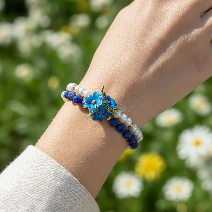 Handcrafted Floral, Cloisonné, Sodalite &amp; Lapis Beaded Bracelet Set (3pcs)