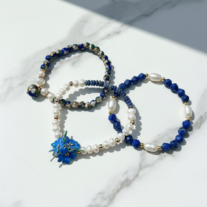 Handcrafted Floral, Cloisonné, Sodalite &amp; Lapis Beaded Bracelet Set (3pcs)