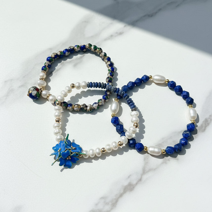 Handcrafted Floral, Cloisonné, Sodalite &amp; Lapis Beaded Bracelet Set (3pcs)