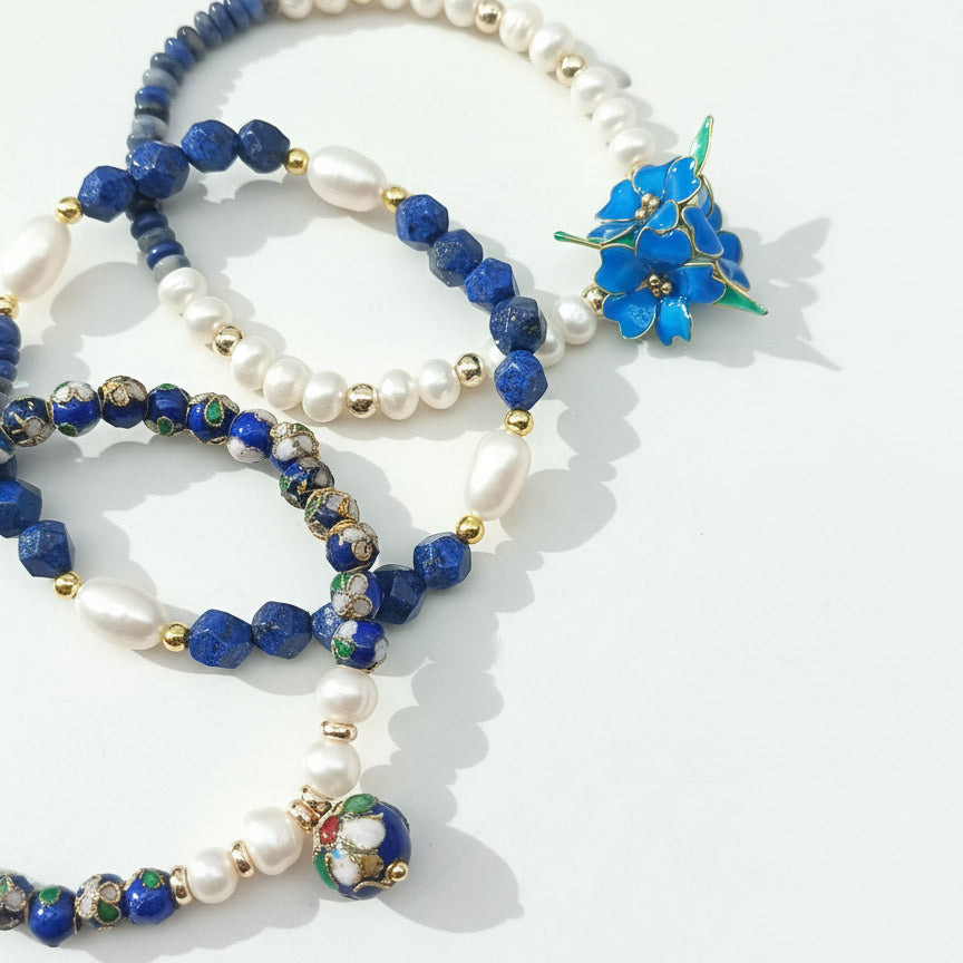 Handcrafted Floral, Cloisonné, Sodalite &amp; Lapis Beaded Bracelet Set (3pcs)