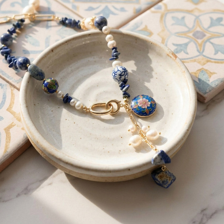 Sodalite, Pearl &amp; Cloisonné Artisan Necklace