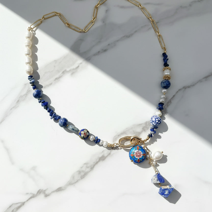 Sodalite, Pearl &amp; Cloisonné Artisan Necklace