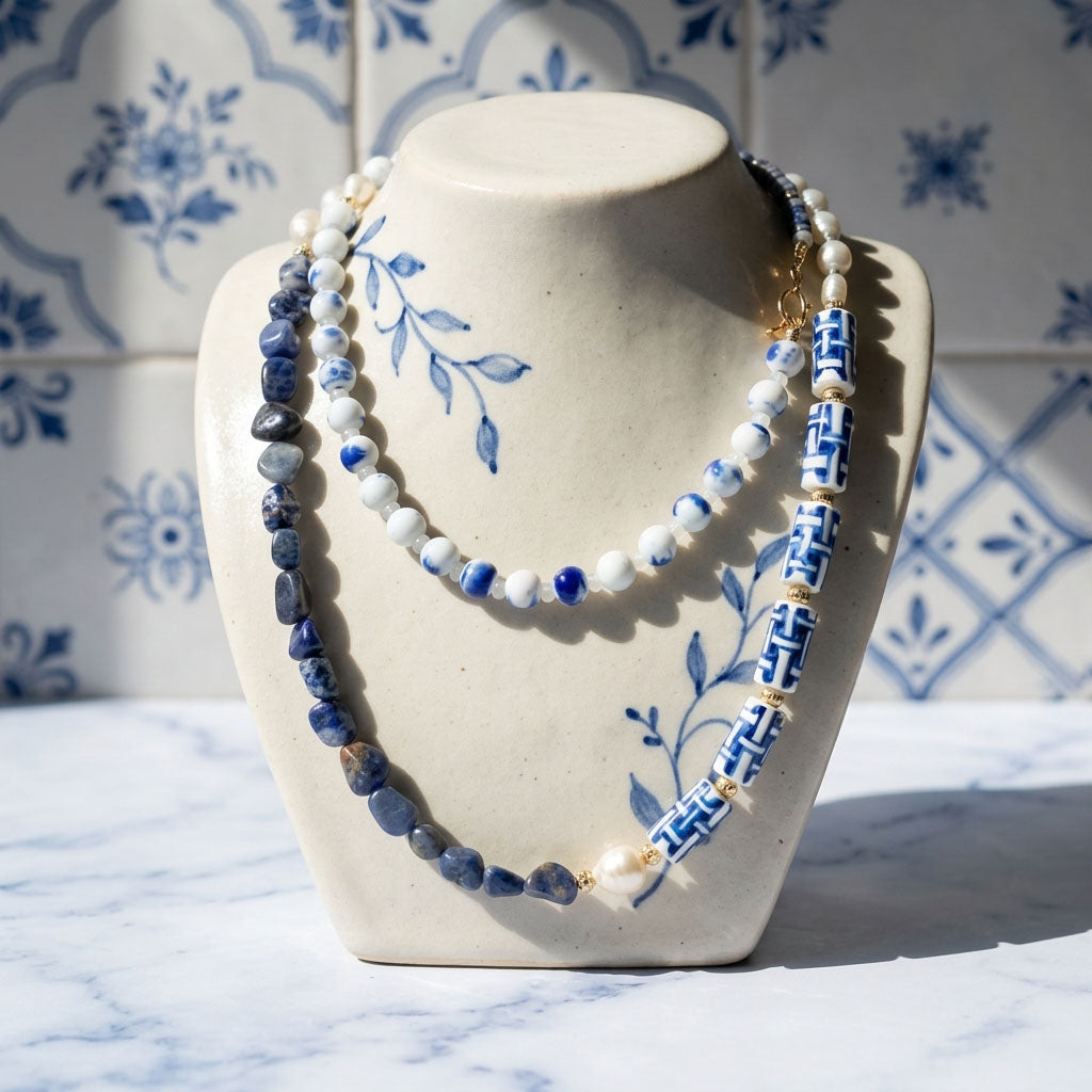 Sodalite & Porcelain Long Beaded Necklace