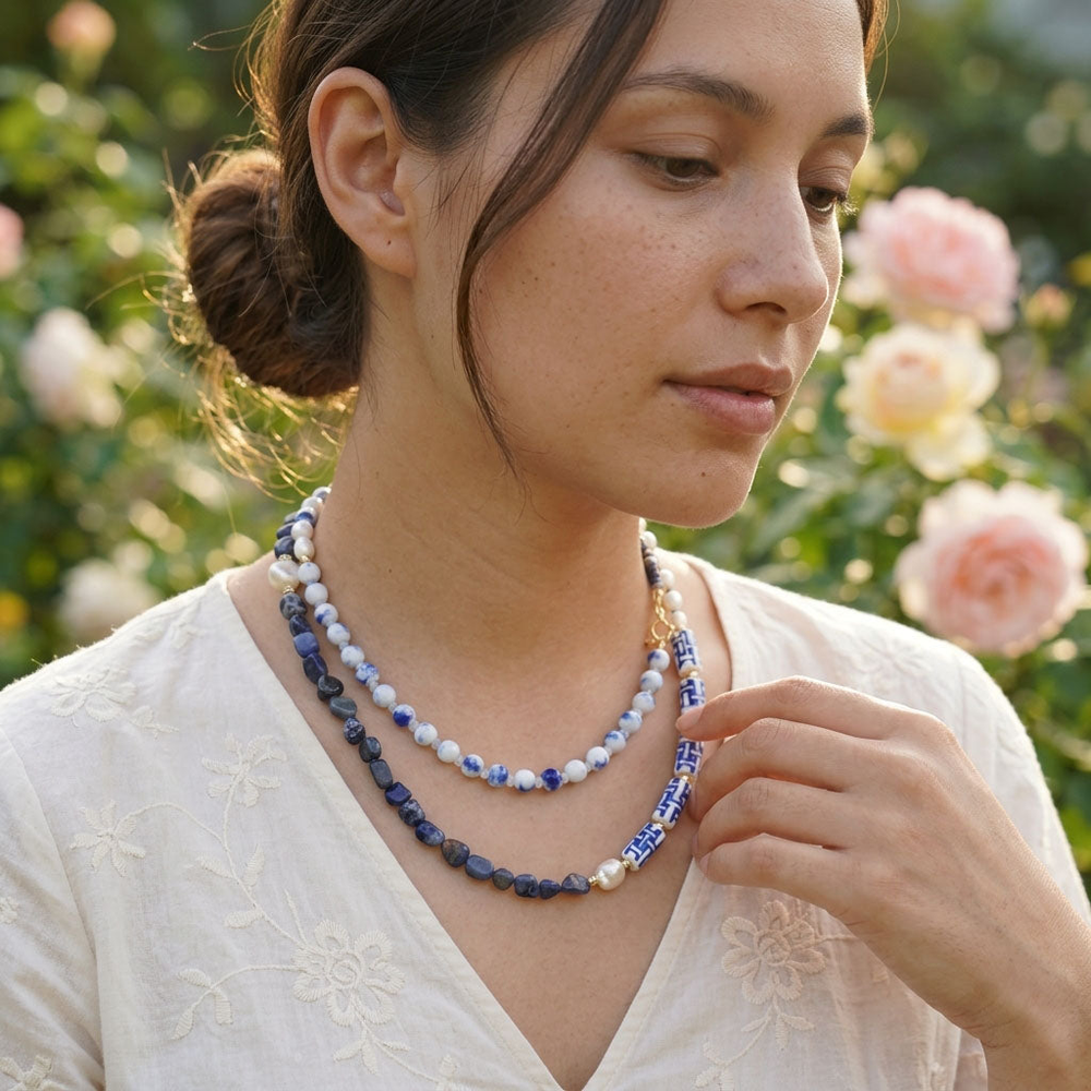 Sodalite & Porcelain Long Beaded Necklace