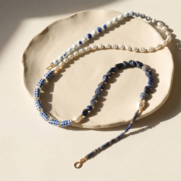 Sodalite &amp; Porcelain Long Beaded Necklace