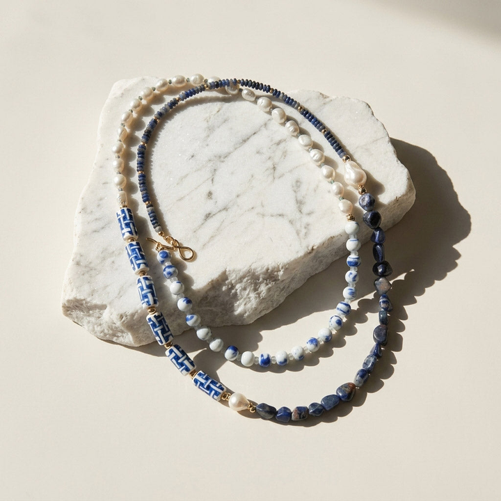 Sodalite &amp; Porcelain Long Beaded Necklace