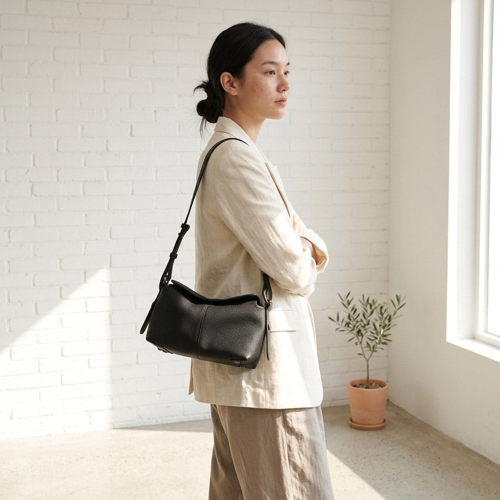 Soft Curved Leather Hobo Shoulder Bag