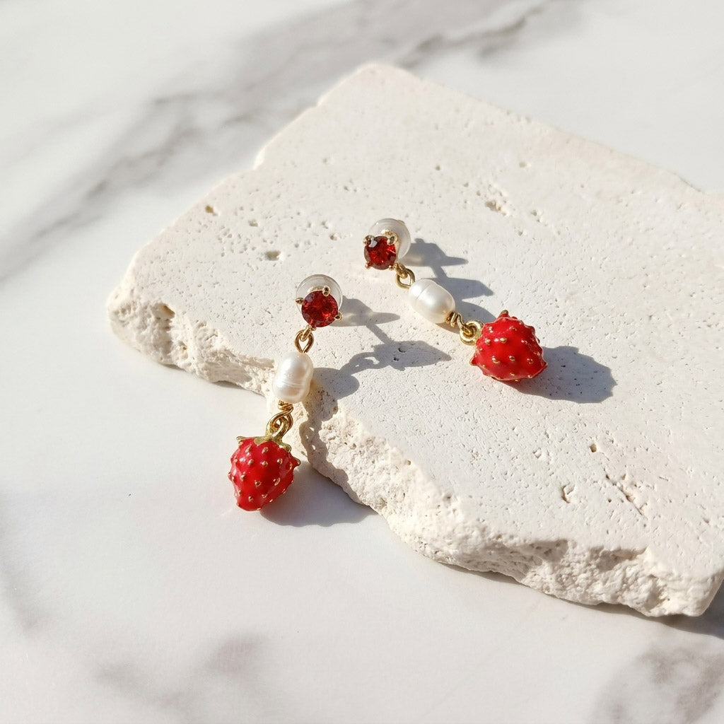 Strawberry Enamel Drop Earrings with Pearl