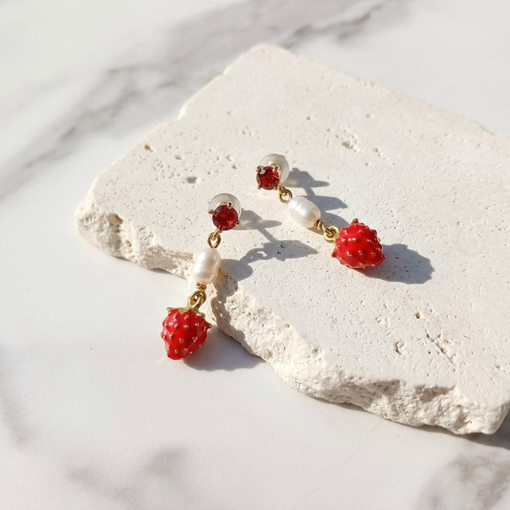 Strawberry Enamel Drop Earrings with Pearl