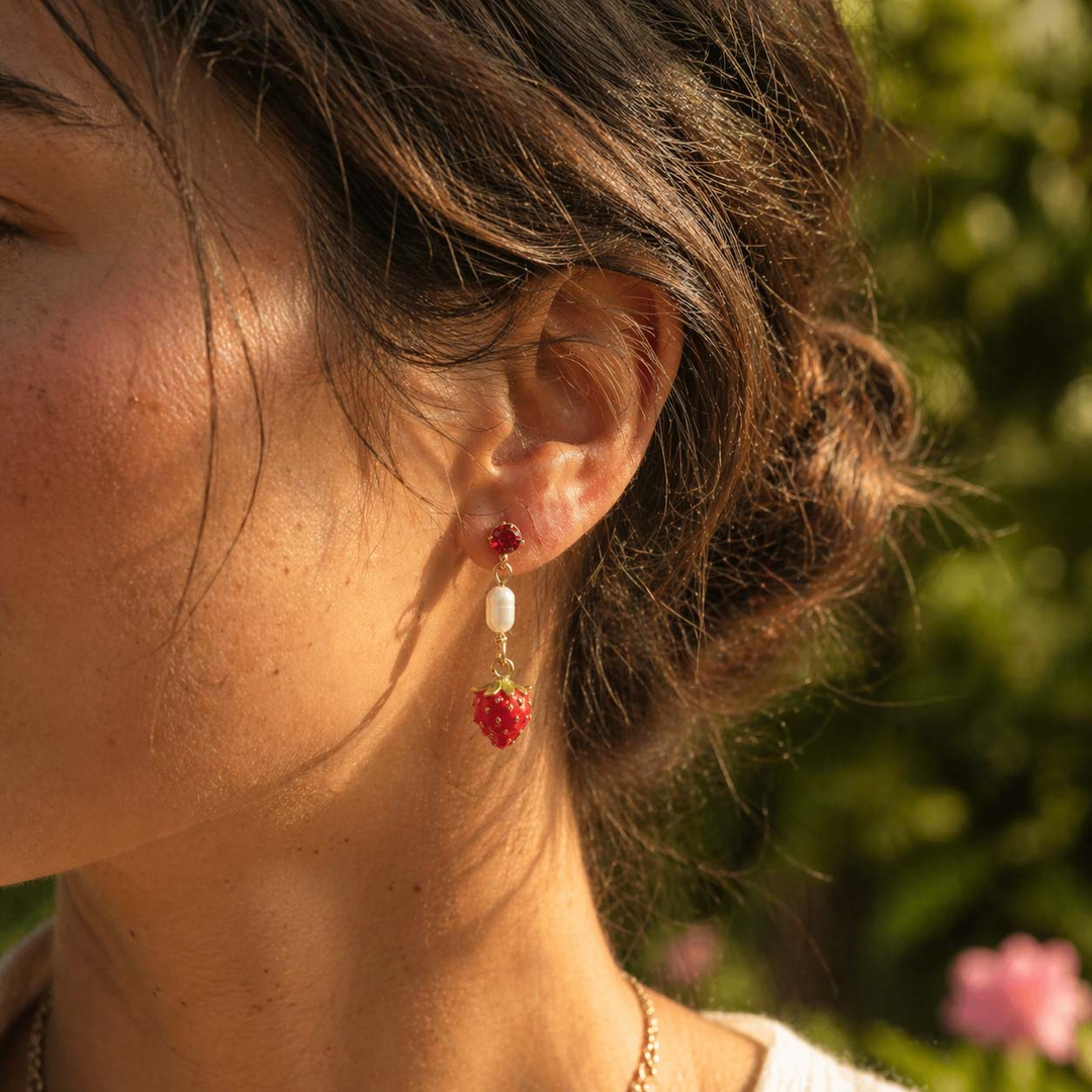 Strawberry Enamel Drop Earrings with Pearl