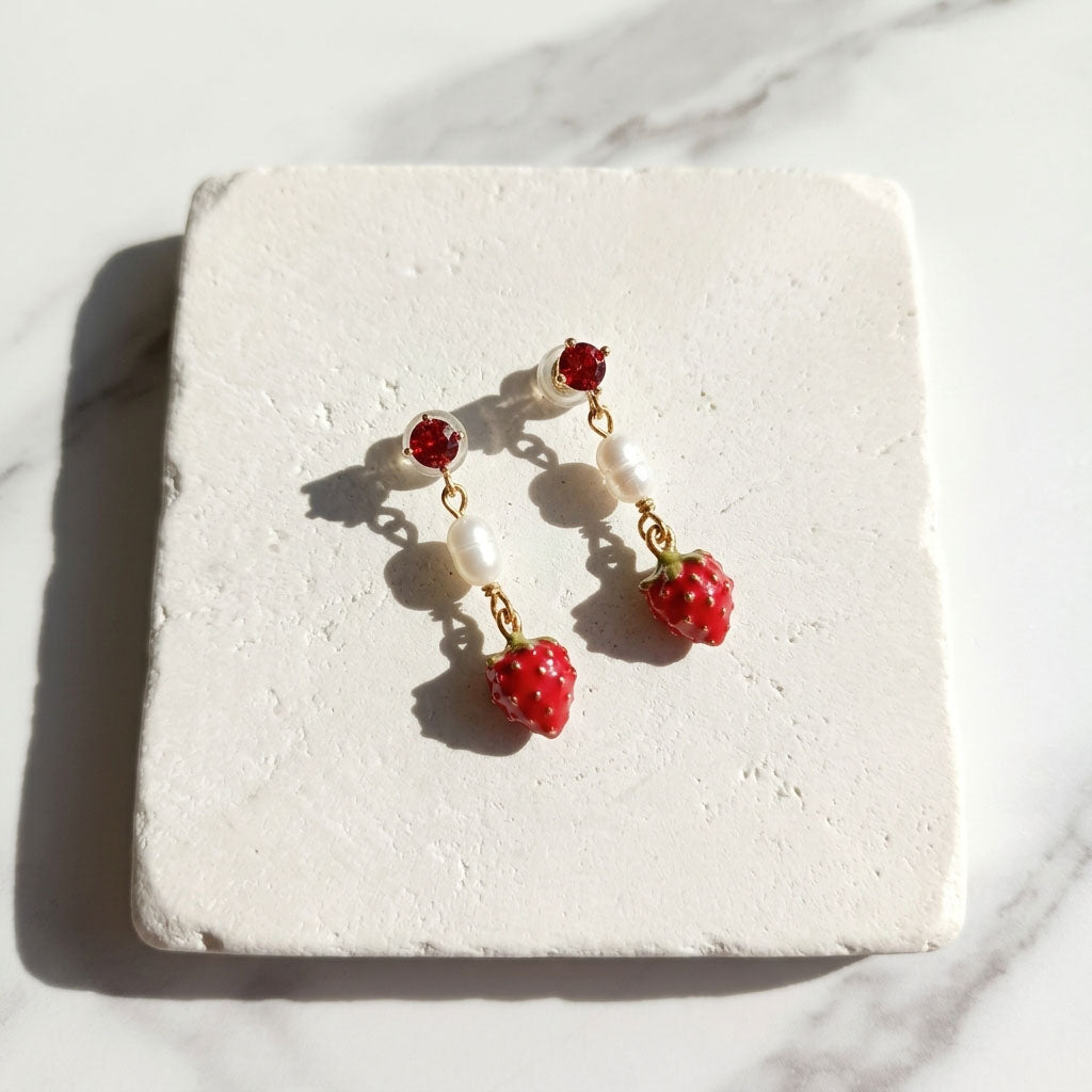 Strawberry Enamel Drop Earrings with Pearl