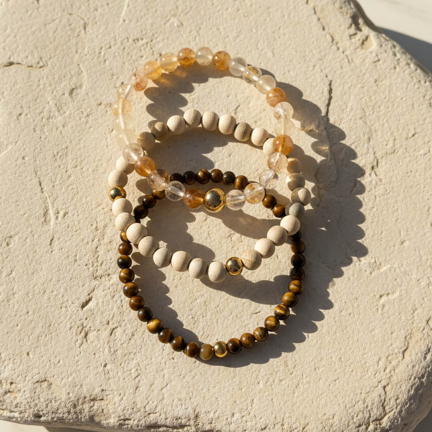 Tiger Eye & Rutilated Quartz Gemstone Bracelet Set